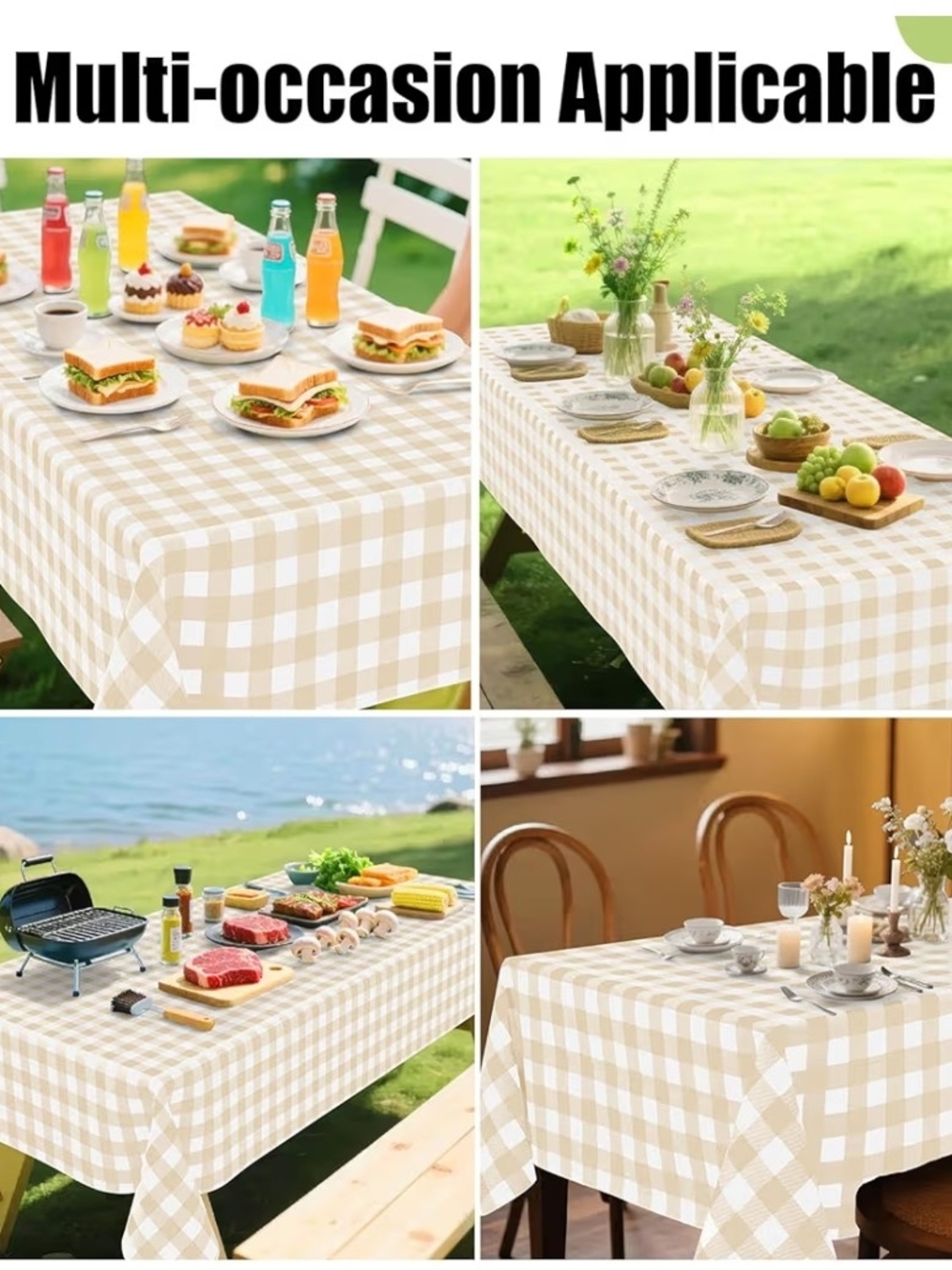 Neutral Buffalo Check Tablecloth Rectanglar in Beige & White - 52 X 70 - Picture 5 of 6